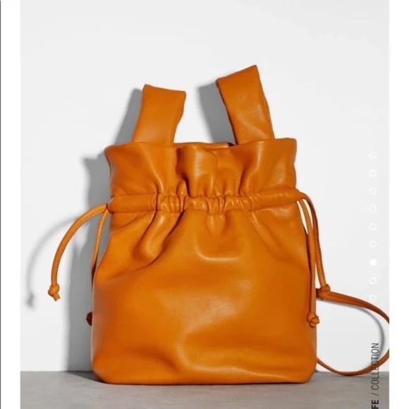 ZARA Soft Leather Drawstring Bucket Bag with Shoulder Strap in Orange - Picture 1 of 14